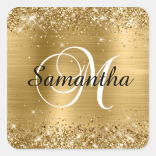 Glitterige Gouden Folie Klassieke Script M Monogra Vierkante Sticker