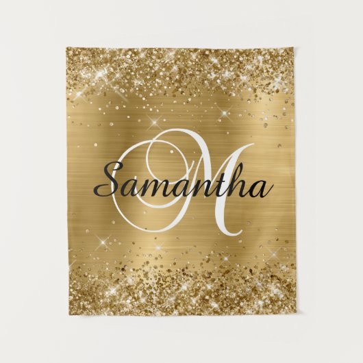 Glitterige Gouden Folie Klassieke Script M Monogra Wandkleed (Voorkant)