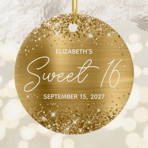 Glitterige Gouden Folie Moderne Fancy Sweet 16 Fot Keramisch Ornament