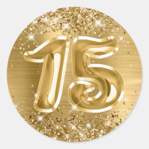 Glitterige gouden folie nummer 15 verjaardag ronde sticker