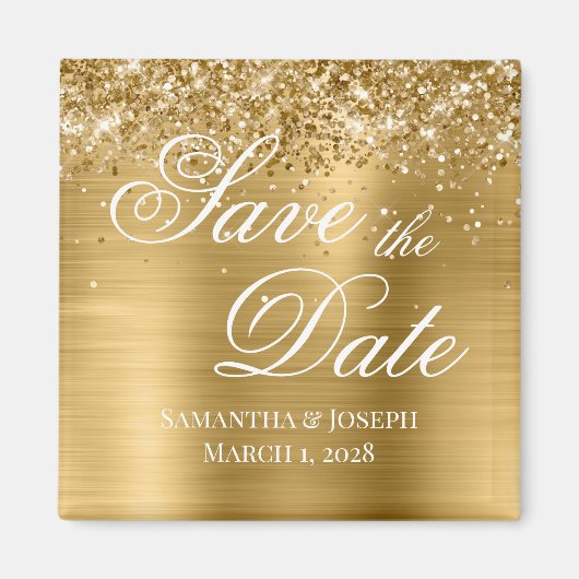 Glitterige Gouden Folie Save the Date Magneet (Voorkant)