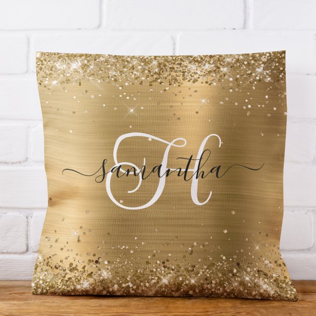 Glitterige Gouden Glam Monogram Kussen (Glittery Gold Glam Monogrammed Throw Pillow)