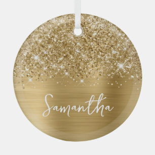 Glitterige Gouden Glam Naam Glas Ornament