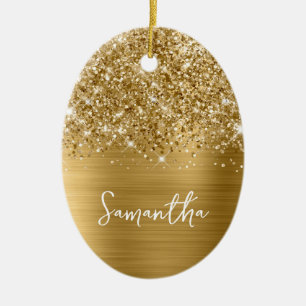 Glitterige Gouden Glam Naam Ovaal Foto Keramisch Ornament