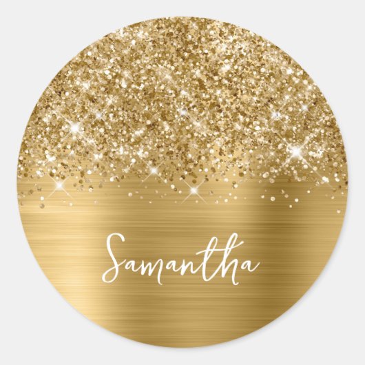 Glitterige Gouden Glam Naam Ronde Sticker (Voorkant)