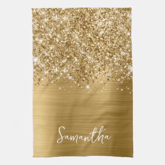 Glitterige Gouden Glam Naam Theedoek (Verticaal)