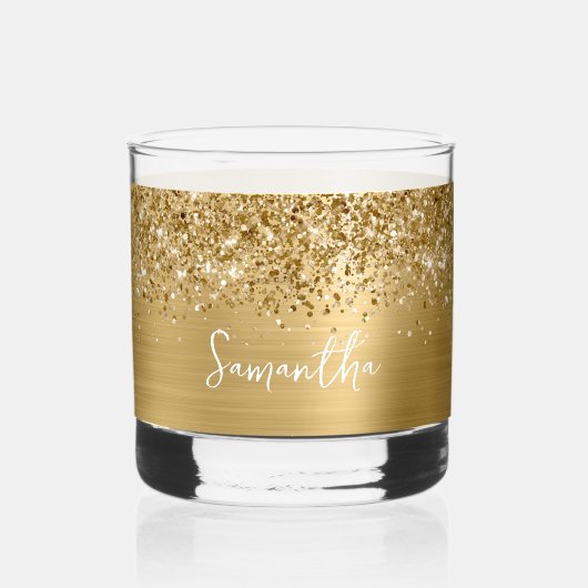 Glitterige Gouden Glam Naam Whisky Glas (Voorkant)