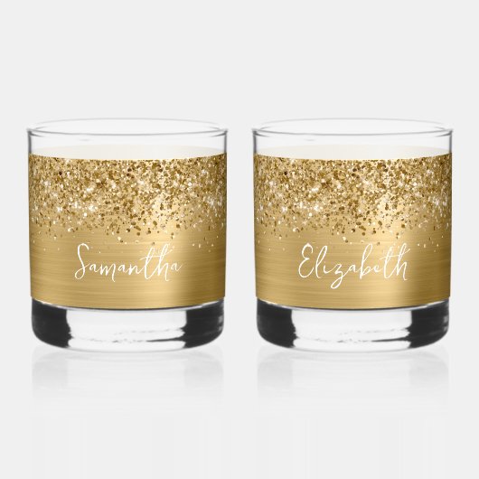 Glitterige Gouden Glam Naam Whisky Glas (Voorkant)