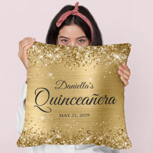 Glitterige Gouden Glam Quinceanera Foto Kussen