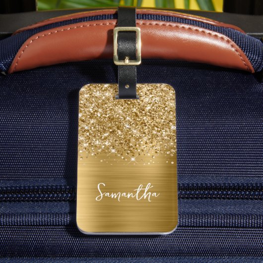 Glitterige Gouden Glam Script Naam Bagagelabel (Voorkant Insitu 2)