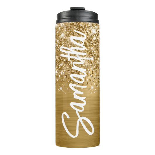 Glitterige Gouden Glam Verticale Naam Persoonlijk Thermosbeker (Voorkant)