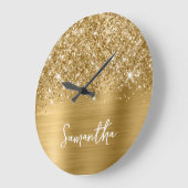 Glitterige Gouden Glam Witte Script Naam Grote Klok (Hoek)