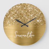 Glitterige Gouden Glam Witte Script Naam Grote Klok (Voorkant)