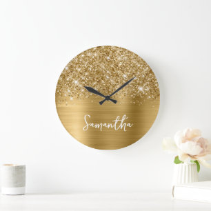 Glitterige Gouden Glam Witte Script Naam Grote Klok