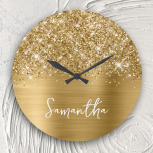 Glitterige Gouden Glam Witte Script Naam Grote Klok