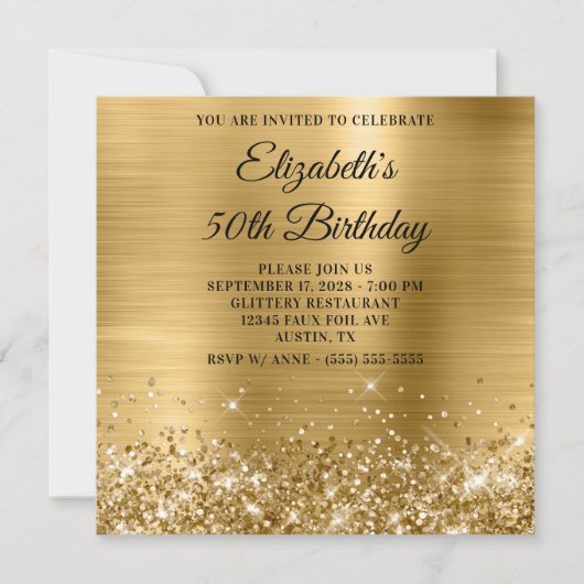 Glitterige Gouden Metallic 50e Verjaardag Kaart (Voorkant)