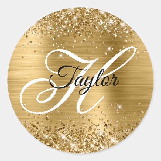 Glitterige Gouden Metallic Fantasie Monogram Ronde Sticker (Voorkant)