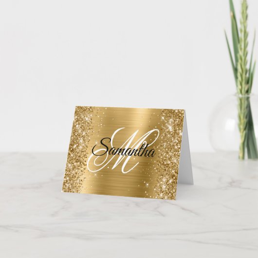 Glitterige Gouden Metallic Folie Fancy Monogram Kaart (Voorkant)