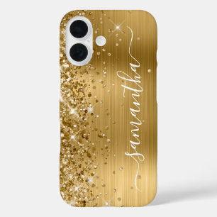 Glitterige Gouden Metallic Meisjesachtige Handteke iPhone 16 Hoesje