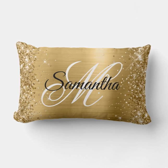 Glitterige Gouden Satijn Folie Monogram Kussen (Voorkant)