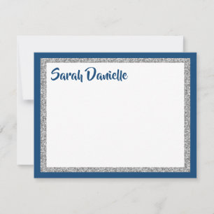Glitterige Navy Blauwe en Zilveren Dankjewel Flat Notitiekaartje