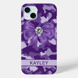Glitterige Paarse Camouflage Met Naam iPhone 15 Mini Hoesje