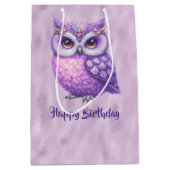 Glitterige Paarse Uil op een glanzende Paarse acht Medium Cadeauzakje (Voorkant)