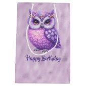Glitterige Paarse Uil op een glanzende Paarse acht Medium Cadeauzakje (Achterkant)