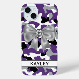 Glitterige Paarse Zwarte Camouflage Gepersonalisee iPhone 15 Mini Hoesje