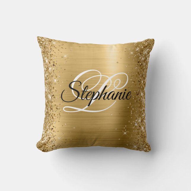 Glitterige Rand Goud Folie Fantasie Monogram Kussen (Voorkant)