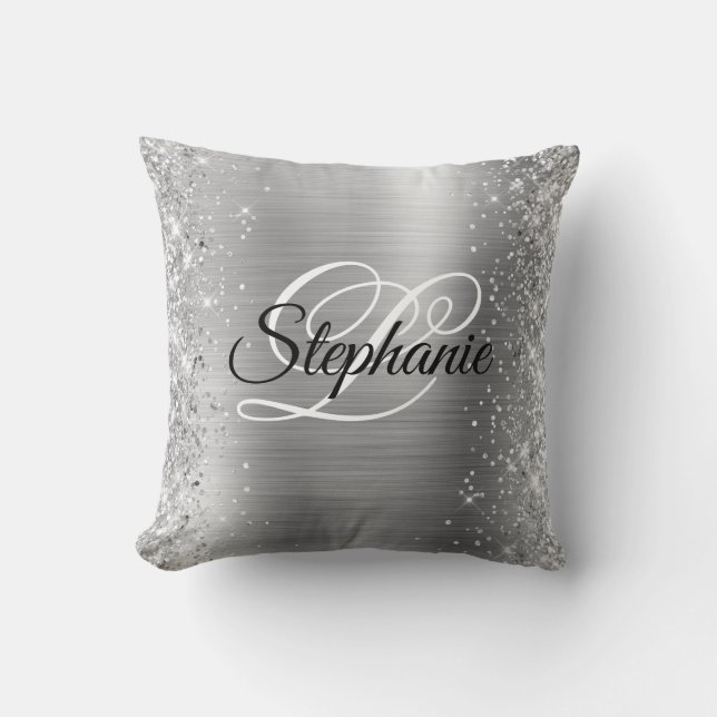 Glitterige Rand Zilver Folie Fantasie Monogram Kussen (Voorkant)