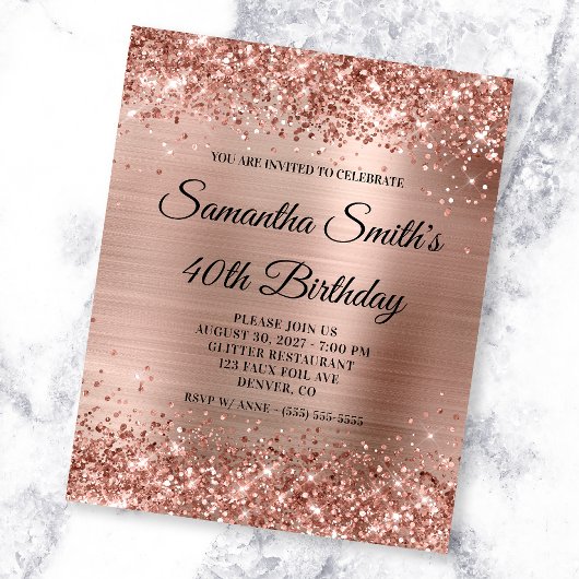 Glitterige Roze Gouden Glam 40e Verjaardags Uitnod Flyer