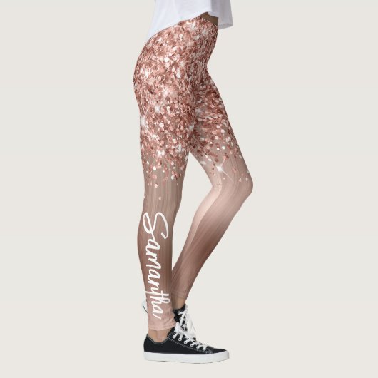 Glitterige Roze Gouden Glam Borstel Script Naam Leggings (Rechts)