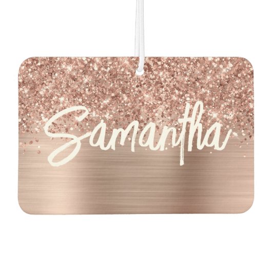 Glitterige Roze Gouden Glam Borstel Script Naam Luchtverfrisser (Voorkant)
