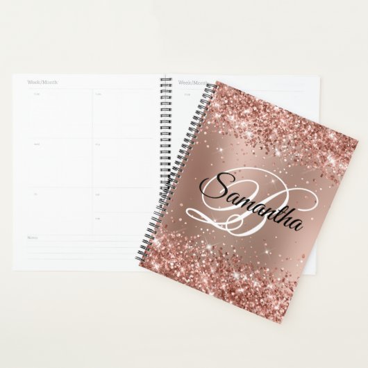 Glitterige Roze Gouden Glam Gradiënt Monogram Planner (Display)