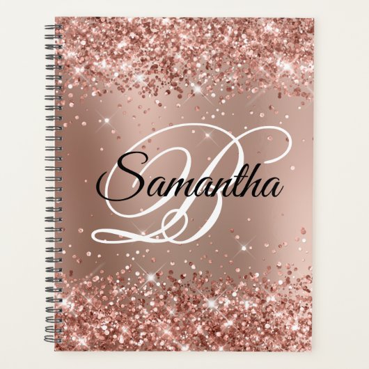 Glitterige Roze Gouden Glam Gradiënt Monogram Planner (Voorkant)