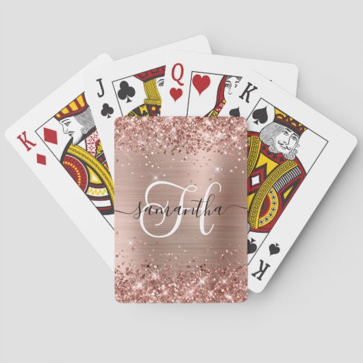 Glitterige Roze Gouden Glam Monogram Pokerkaarten (Achterkant)