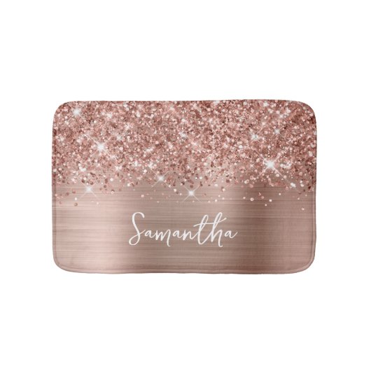 Glitterige Roze Gouden Glam Naam Badmat (Voorkant)