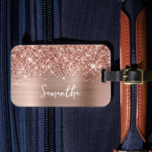 Glitterige Roze Gouden Glam Naam Bagagelabel
