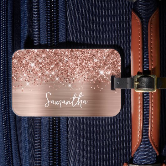Glitterige Roze Gouden Glam Naam Bagagelabel (Voorkant Insitu 4)