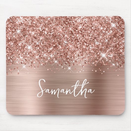 Glitterige Roze Gouden Glam Naam Muismat (Voorkant)