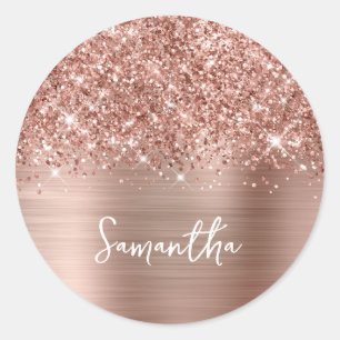 Glitterige Roze Gouden Glam Naam Ronde Sticker