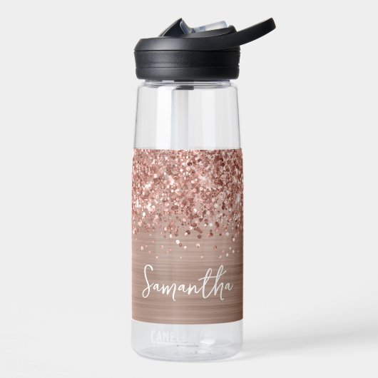 Glitterige Roze Gouden Glam Naam Waterfles (Links)