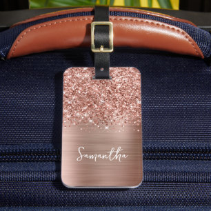 Glitterige Roze Gouden Glam Schriftnaam Bagagelabel