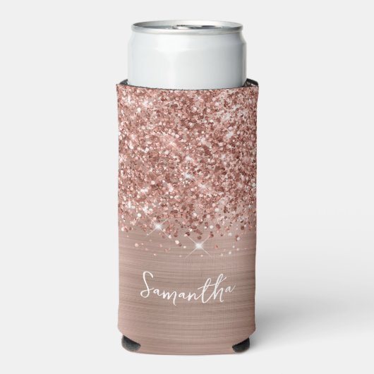 Glitterige Roze Gouden Glam Schriftnaam Seltzer Blikjeskoeler (Seltzer Voorkant)