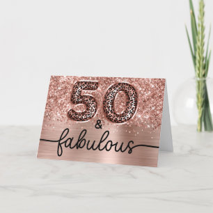 Glitterige Roze Gouden Luipaard Glam 50 en Fabulou Kaart