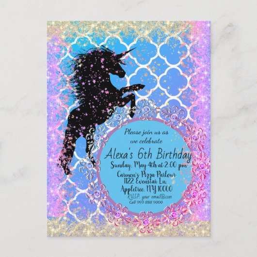 Glitterige Sterachtige Whimsical Eenhoorn Custom Briefkaart (Voorkant)