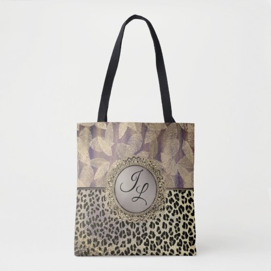 Glitterige veren met Leopard Print Monogram Tote Bag (Voorkant)
