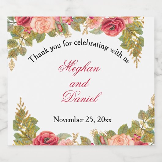 Glitterige Waterverf Rozen Sparkling Wijnetiket (Enkel label)