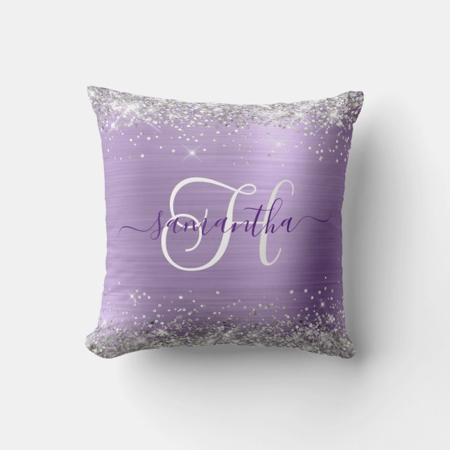 Glitterige Zilver en Licht Paarse Glam Monogram Kussen (Voorkant)